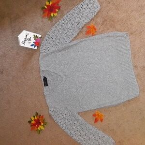 LeRoy (Size L) Gray Vintage V-Neck Cut Crochet LS Stretch Rib Trim Knit Sweater